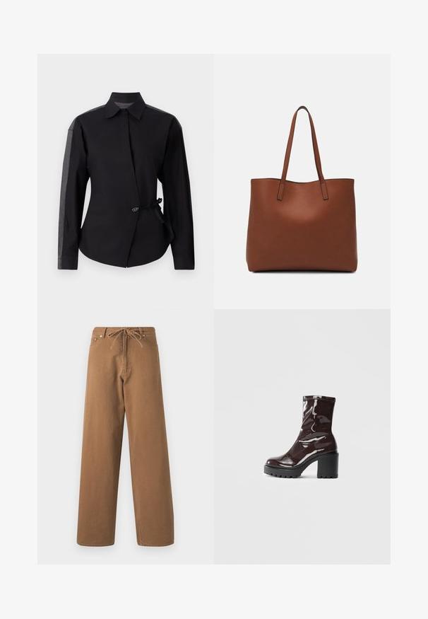 Camisa negra con un diseño envolvente en la parte delantera, que presenta mangas largas y acentos de tela gris oscuro en los hombros. Incluye un botón decorativo y un detalle de lazo.; Pantalones de pierna ancha marrones hechos de algodón, con una cintura ajustable con cordón y dos bolsillos frontales. Tejido texturizado con un acabado suave.; Botín burdeos brillante hasta el tobillo con un tacón negro grueso, que presenta una textura suave y un diseño sencillo. Sin cierres ni patrones visibles.; Bolso tote de cuero marrón con una textura suave, diseño de apertura superior y dos correas para el hombro. Presenta una costura mínima y sin herrajes visibles.