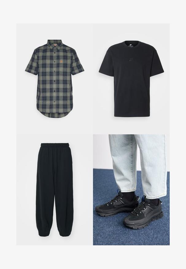 Camisa de botão de mangas curtas em padrões xadrez azul-marinho e verde, com bainha curved e um pequeno patch de marca no peito.; T-shirt de algodão preto da Nike com um clássico decote redondo, mangas curtas e um logótipo em relevo discreto no peito. Textura suave.; Calças de fato de treino pretas, com cintura elástica e um corte solto, com punhos nas pernas, textura suave e sem padrões visíveis ou detalhes de metal.; Sapatilhas desportivas pretas com tecido texturizado e solas em borracha, apresentando atacadores elásticos e um detalhe azul no calcanhar. Usadas com calças de ganga claras.