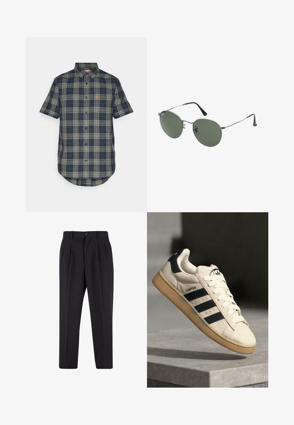 Trumpetinių rankovių marškiniai laisvu stiliumi tamsiai mėlynos ir žalios langeliais, su kreiva apatine dalimi ir maža logotipo etikete ant krūtinės.; Balta medvilninė marškinėlių užsagėlė su trumpomis rankovėmis, apvaliu kaklu, laisva forma ir be matomų logotipų ar raštų. Lygi tekstūra ir minimalus dizainas.; Juodi kelnių su raukšlėtu priekiu dizainu, pagaminti iš lygaus audinio. Su mygtuko užsegimu ir diržo kilpomis; tiesios kojų formos.; Kreminio veliūro sportbačiai su trimis tamsiai mėlynomis juostelėmis, baltais raišteliais ir šviesiai rudais guminiais padais. Ant liežuvėlio yra logotipas ir užrašas "CAMPUS".; Metaliniai akiniai su ovaliais žaliais lęšiais. Plonas sidabro spalvos metalinis rėmas ir juodi ausų laikikliai. Minimalistinis dizainas, be matomų logotipų.