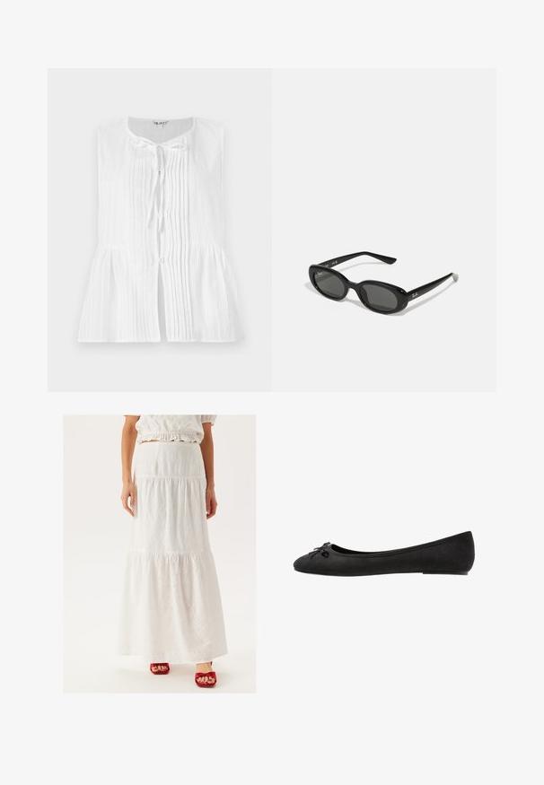 Biała bezrękawnikowa bluzka z pionowymi fałdami, zawiązywana na szyi i z peplum w talii. Gładka faktura z akcentami w postaci guzików.; Biała, warstwowa maxi spódnica z haftowanej bawełny, zdobiona wyciętymi wzorami kwiatowymi. Uzupełniona czerwonymi sandałami na obcasie.; Czarne zamszowe baletki z okrągłym noskiem, z dekoracyjną kokardką z przodu i płaską podeszwą. Gładka tekstura i klasyczny kształt.; Czarne okulary przeciwsłoneczne z owalnymi soczewkami, błyszcząca plastikowa oprawa i smukłe zauszniki. Posiadają białe logo Ray-Ban po boku.