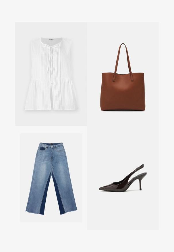 Valkoinen hihaton paita, jossa on pystysuorat poimutukset, solmimislaite kaulan alueella ja peplum-vyötärö. Sileä pinta ja napin korostuksia.; Vaaleansiniset leveät farkut, joissa on tummansiniset kontrastipaneelit, repaleiset helmankohdat ja normaali vyötärö metallinappisuljennalla.; Korkokenkät tummanruskeasta kiiltävästä patenttinnahasta, teräväkärkiset, avoimet sivut ja säädettävä nilkkaremmi.; Ruskea nahkainen olkalaukku, jossa on sileä pinta, avoin yläosa ja kaksi olkahihnaa. Omaavat vain minimaalisen ompelun eikä näkyvää metalliosaa.