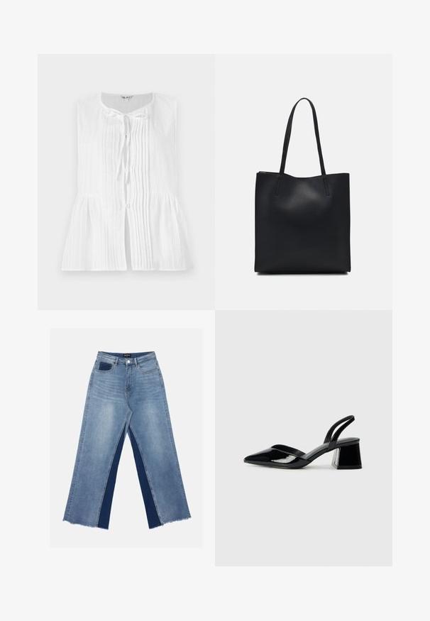 Hvid ærmeløs bluse med lodrette plisseringer, en båndlukning ved halsen og peplum-talje. Glat tekstur med knapdetaljer.; Lyseblå breddejeans med kontrasterende mørkeblå paneler, frynset kant og en standard talje med metal knaplukning.; Sorte patentlæder slingback hæle med spids tå og en geometrisk blok hæl. Har et elegant, minimalistisk design og en glat tekstur.; Sort læder tote taske med glat tekstur, rektangulær form og to lange hanke. Ingen synlig hardware eller udsmykninger.
