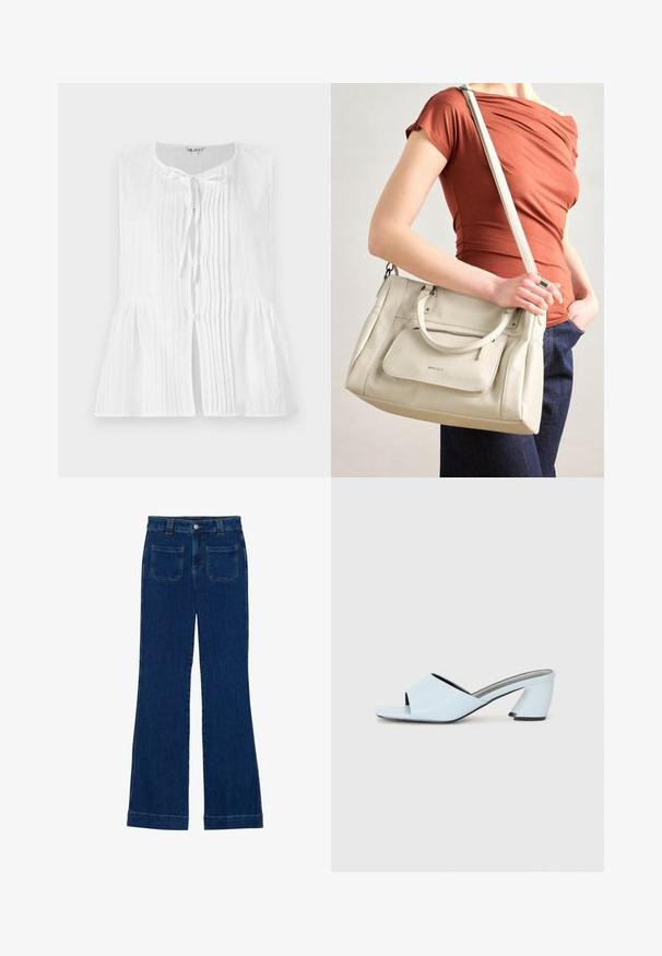 Blouse blanche sans manches avec des plis verticaux, une fermeture à nouer au cou et une taille peplum. Texture lisse avec des accents de boutons.; Jean flare en denim bleu foncé avec une texture lisse, design à cinq poches et fermeture à bouton à la taille.; Mules à talons ouverts bleu clair avec un design géométrique, dotés d'une large bride sur le pied et d'un talon épais et angulaire.; Sac à main en cuir blanc avec des poignées doubles et une bandoulière amovible, doté d'une poche zippée à l'avant et d'une texture lisse. Porté au bras d'une personne.