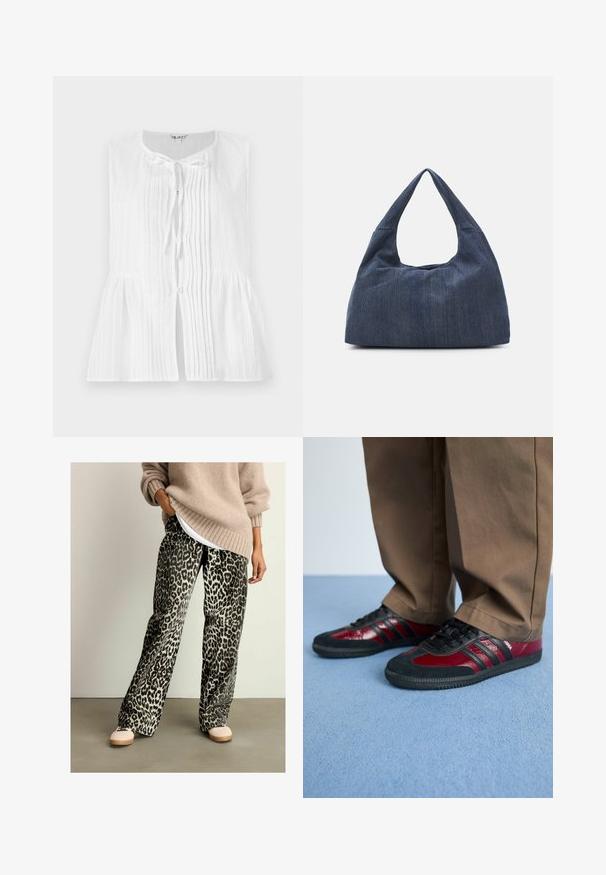 Blusa blanca sin mangas con pliegues verticales, cierre de lazo en el cuello y cintura peplum. Textura suave con acentos de botones.; Pantalones de pierna ancha con estampado de leopardo, hechos de tela suave, que cuentan con una cintura elástica y una combinación de colores en negro y beige. Combinados con un suéter beige.; Zapatillas deportivas en negro y burdeos, confeccionadas con materiales de cuero y ante, con cordones negros y tres franjas negras en el lateral. Suela de goma.; Bolso de denim azul oscuro con una forma suave y caída, que presenta un asa de estilo hobo y una superficie texturizada. Sin acentos de hardware visibles.