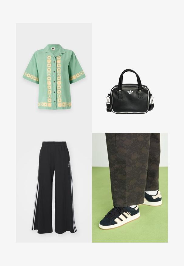Zielona koszulka z krótkim rękawem i kołnierzykiem, z żółtym kwiatowym wzorem na przodzie i rękawach. Zapięcie na guziki. Miękki materiał.; Czarne szerokie spodnie dresowe z elastycznym pasem, z białymi paskami po bokach i haftowanym logo na lewej udzie.; Czarne i wzorzyste spodnie w połączeniu z granatowymi zamszowymi trampkami z kremowymi paskami i białymi podeszwami. Powierzchnie są teksturowane i płaskie.; Czarna skórzana torebka z dwoma krótkimi uchwytami, srebrnymi akcentami, białymi detalami i białym logo. Posiada teksturowaną powierzchnię oraz kompaktowy design.