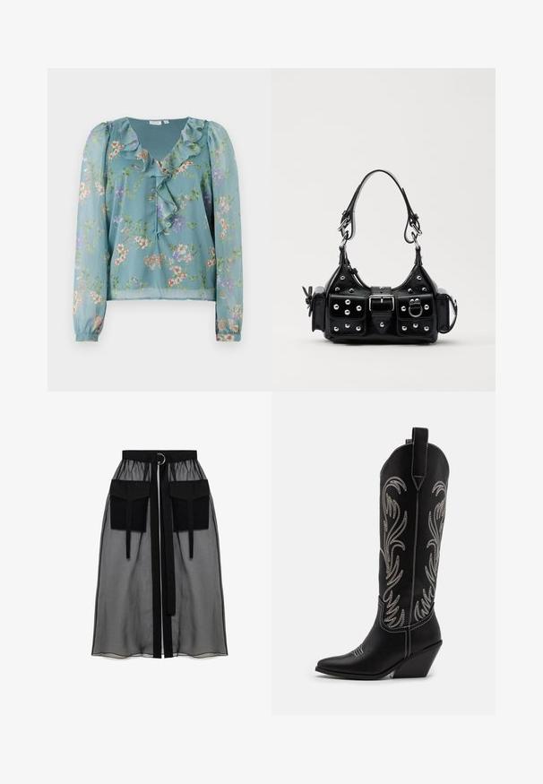 Blomsterbluse i let, gennemsigtig teal-farvet stof; har volang ved halsen, lange ærmer og små, multicolor blomsterprint over det hele.; Sort gennemsigtig nederdel med en rynket talje, der har to store forlommer, et taljebånd og en cirkulær metaldetalje.; Sorte læder cowboystøvler med spidse tæer, kilehæle og sølv broderede blomster mønstre langs skaftet. Kontrast syning overalt.; Sort læderhåndtaske med et buet design, prydet med sølvfarvede nitter, en spænde og to sidelommer. Justerbar rem til forskellige bære muligheder.