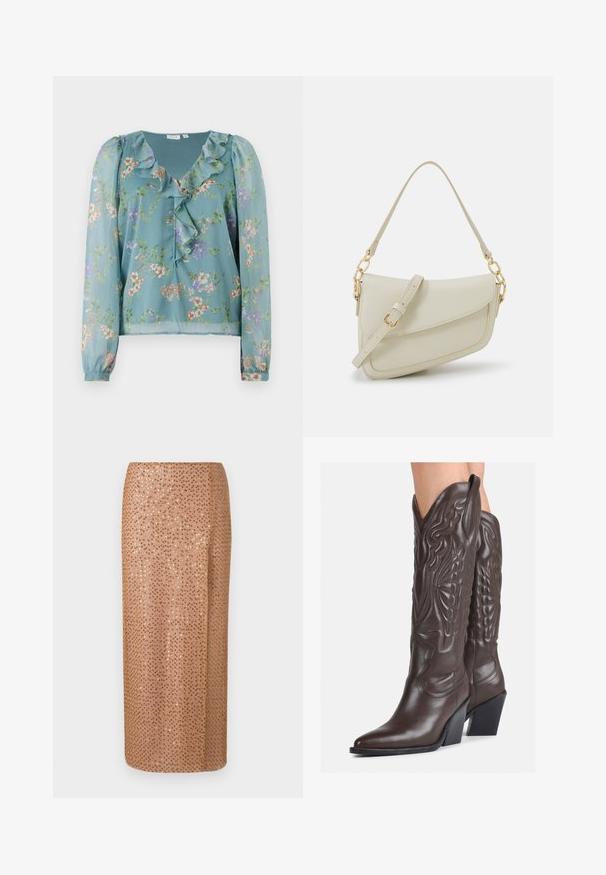 Floral blouse in sheer light teal fabric; features ruffled neckline, long sleeves, and small multicolored flower patterns throughout.; White sleeveless tank top made of ribbed fabric, featuring a rounded neckline and a fitted silhouette, with minimal seams and no embellishments.; Beaded midi skirt in pale beige with a sequin design, featuring a straight silhouette and a side slit for detail and movement.; Brown leather cowboy boots with pointed toe and block heel, featuring detailed stitching and raised accents on the shaft.; Small cream handbag with a textured finish, a long adjustable strap, a chain accent, and a flap closure. Gold hardware detailing.