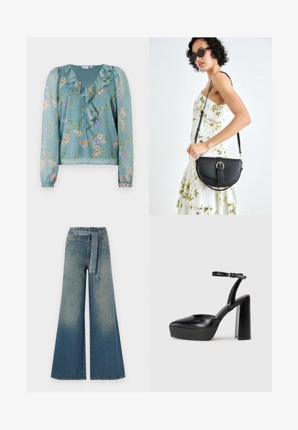 Blomstrete bluse i transparant lys teal-stoff; har rynkete halslinning, lange ermer og små flerfargede blomstermønstre gjennom hele.; Bredde ben jeans med en lyseblå til mørkeblå gradient, høyt liv, beltehemper og et matchende belte i samme stoff. Teksturert denimoverflate.; Sorte plattformhelter med spiss tå og justerbar ankelrem. Laget av glatt lær, med en robust blokkhel.; Svart lærveske med en buet form, avtagbar stropp og gullbeslag. Vesken har et klaff med spenne-detall.
