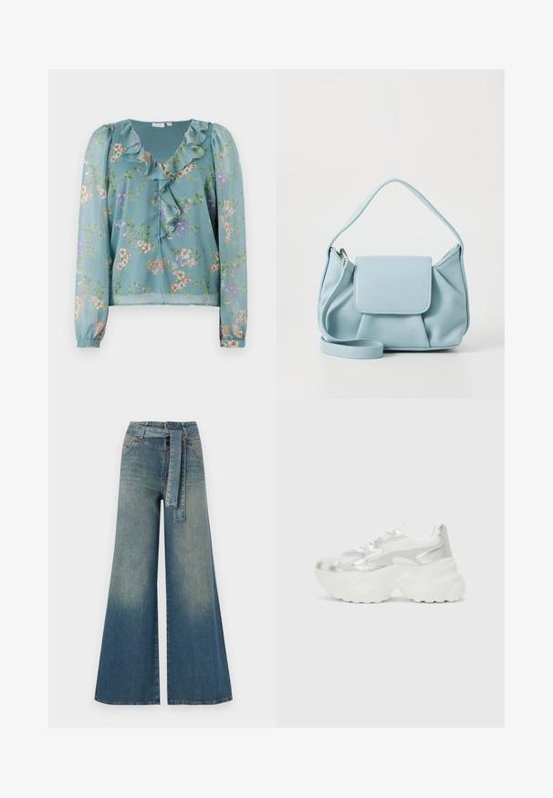 Floral blouse in sheer light teal fabric; features ruffled neckline, long sleeves, and small multicolored flower patterns throughout.; Wide-leg denim trousers featuring a light to dark blue gradient, high waist, belt loops, and a matching fabric belt. Textured denim finish.; Silver sneaker with a textured mesh upper and iridescent accents, featuring a chunky white sole and lace-up closure.; Light blue leather handbag with a top handle, front flap pocket, and detachable wrist strap on a white background.