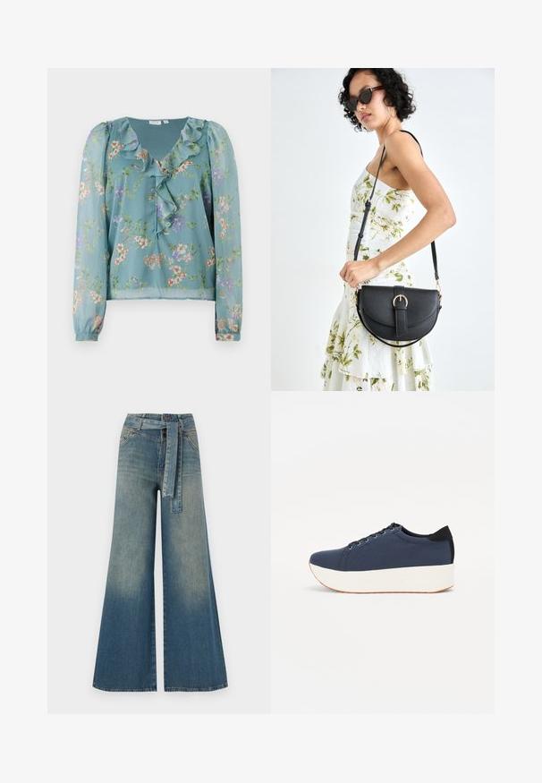 Floral blouse in sheer light teal fabric; features ruffled neckline, long sleeves, and small multicolored flower patterns throughout.; Wide-leg denim trousers featuring a light to dark blue gradient, high waist, belt loops, and a matching fabric belt. Textured denim finish.; Navy blue sneaker with a textured fabric upper, white platform sole, rounded toe, and black heel accent. Features six eyelets for laces.; Black leather handbag with a curved shape, detachable strap, and gold hardware. The bag features a flap with a buckle detail.