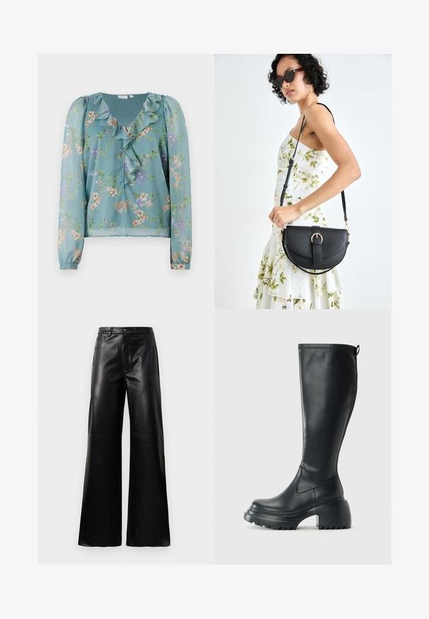 Floral blouse in sheer light teal fabric; features ruffled neckline, long sleeves, and small multicolored flower patterns throughout.; Black high-waist wide-leg faux leather pants with front button, zip closure, belt loops, and side pockets on white background.; Tall black leather boot with chunky platform sole and block heel, featuring pull tab and textured tread on outsole.; Black leather handbag with a curved shape, detachable strap, and gold hardware. The bag features a flap with a buckle detail.