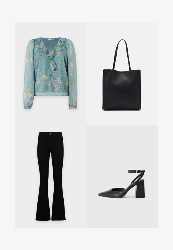 Blommig blus i genomskinlig ljus teal-färgad tyg; har en ruffled halsringning, långa ärmar och små flerfärgade blommönster över hela.; Svarta högmidjade jeans med knäppning och dragkedja, frontfickor och utsvängda ben, liggande platt på en vit bakgrund.; Svart läderpumps med spetsig tå, ankelrem och kraftig klack. Slät textur, stilren design och minimalistisk estetik.; Svart lädertoffelväska med slät textur, rektangulär form och två långa handtag. Ingen synlig hårdvara eller dekorationer.