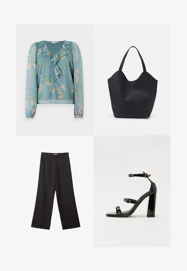 Blomsterbluse i let, gennemsigtig teal-farvet stof; har volang ved halsen, lange ærmer og små, multicolor blomsterprint over det hele.; Sorte bukser med vidde, lavet af glat stof, med en frontlynlås og to sidelommer, i en skræddersyet pasform og minimalistisk design.; Sorte patenterede hælsandaler med firkantet tå, ankelremme og sølvspænder. Har en chunky blokHæl for stabilitet.; Sort tote taske lavet af glat læder, med en buet, åben top, to skulderstropper og et minimalistisk design.