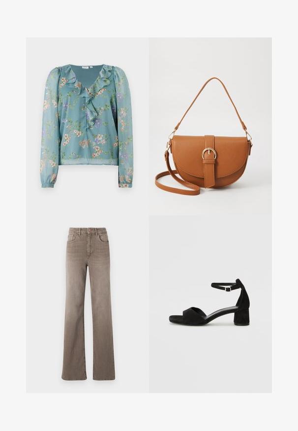 Blumenbluse aus leicht transparentem hellblauem Stoff; mit gerüschtem Ausschnitt, langen Ärmeln und kleinen, mehrfarbigen Blumenmustern überall.; Braune hoch taillierte Straight-Leg-Jeans mit vorderem Knopf, Gürtelschlaufen und klassischem Fünf-Taschen-Design auf weißem Hintergrund.; Schwarze Wildleder-Espadrilles mit einem dünnen Knöchelriemen, offener Zehenpartie und moderatem Blockabsatz. Glatte Textur und minimale Akzente.; Braune Leder-Crossbody-Tasche mit geschwungener Form, goldfarbenen Beschlägen und einer Schnallenakzentuierung. Verfügt über einen abnehmbaren Schultergurt.