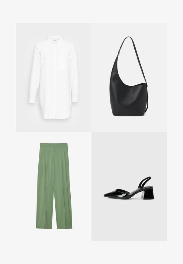 Cămașă albă cu mânecă lungă, cu guler și buzunar pe piept, expusă pe un fundal simplu de gri deschis.; Pantaloni largi verzi dintr-un material neted. Prezintă pliuri în față, o închidere cu un singur nasture și curea.; Pantofi cu toc slingback din piele lacuită neagră, cu vârf ascuțit și toc geometric. Prezintă un design elegant, minimalist și o textură netedă.; Geantă hobo din piele neagră, cu o textură netedă, formă curbată și un singur bretele ajustabil; are o deschidere largă în partea de sus.