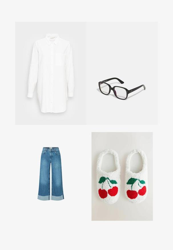 Langärmliges weißes Hemd mit Knopfverschluss, Kragen und Brusttasche, auf einem einfarbigen hellgrauen Hintergrund präsentiert.; Weite Denim-Jeans in Hellblau mit rohem Saum und ausgefransten Manschetten. Klassisches Fünf-Taschen-Design mit einem Frontknopfverschluss.; Weiße, flauschige Hausschuhe mit einem gestickten Kirschdesign in Rot und Grün. Weiche Textur und im Schlupfstil.; Schwarze rechteckige Brille mit klaren Gläsern, abgerundeten Kanten und seitlichen Akzenten, mit glänzender Oberfläche des Rahmens und der Bügel.