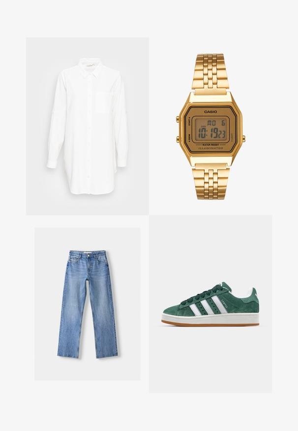 Camicia bianca a maniche lunghe con colletto e taschino sul petto, esposta su uno sfondo grigio chiaro uniforme.; Jeans in denim blu chiaro con design a gamba dritta, dotati di cinque tasche, chiusura frontale con bottone e leggeri effetti di sbiadimento per texture.; Sneaker in suede verde con strisce in pelle bianca, suola in gomma, collarino imbottito e design minimalista. Presenta il marchio sul lato.; Orologio digitale oro con quadrante rettangolare, display LCD, bracciale in acciaio inossidabile e pulsanti laterali. Presenta un'etichetta di impermeabilità.