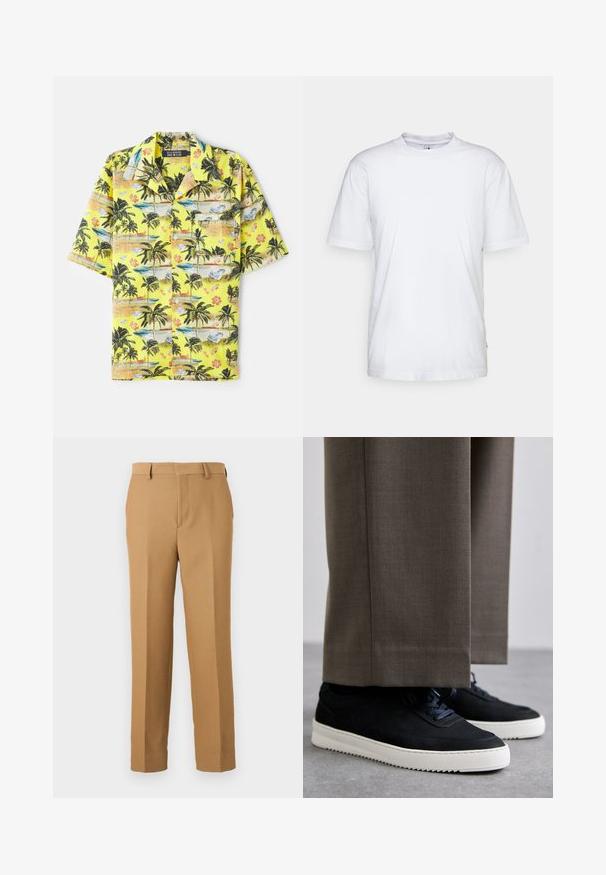 Geltonas trumpas rankovės marškinėliai su tropiniu raštu, vaizduojančiu palmės, paplūdimius ir gėlių raštus. Su sagų kaip uždarymo dizainu ir krūtinės kišene.; Balta medvilninė marškinėlių su apvalia iškirpte, trumpomis rankovėmis ir tiesiu kraštu. Ant kairiojo siūlės yra mažas prekės ženklo etiketė.; Kreminės spalvos kelnės, pagamintos iš audinio, turinčios tiesų kirpimą, lygią priekį ir diržo kilpos. Sklandus paviršius be matomų raštų.; Juodi zomšiniai sportbačiai su baltais guminiais padais, su apvalia nosimi ir raišteliais, dėvimi su pilkais pritaikytais kelnais.