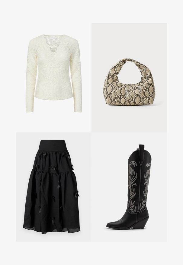Cream-colored long sleeve lace blouse with floral pattern and scalloped V-neckline.; Sister Jane BIRDIE BOW MIDI SKIRT - A-line skirt - black; Black leather cowboy boots with pointed toes, wedge heels, and silver embroidered floral patterns along the shaft. Contrast stitching throughout.; Snake-print handbag with a curved handle. Made from textured, beige and brown materials, featuring a distinctive diamond pattern.