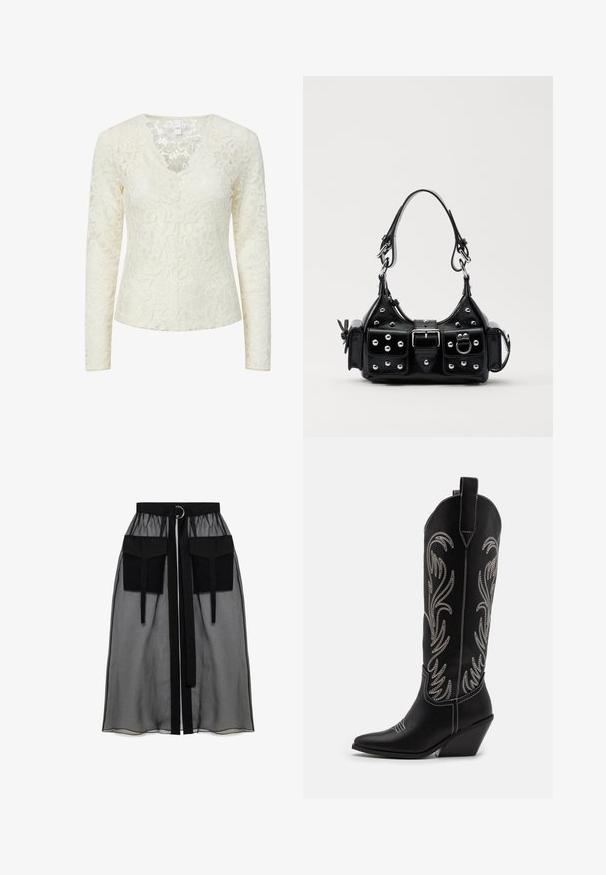 Bluzica dolgih rokavov iz čipke v kremni barvi z cvetličnim vzorcem in valovitim V-izrezom.; Črna prozorna krila z nabranim pasom, ki ima dva velika sprednja žepa, pas za zavezovanje in okroglo kovinsko dekoracijo.; Črne usnjene kavbojske čevlje s koničastimi prsti, klinastimi petami in srebrnimi vezeninami cvetnega vzorca po vsej dolžini. Kontrastno šivanje povsod.; Črna usnjena torbica s ukrivljenim dizajnom, ki vsebuje srebrne žebljičke, zaponko in dve stranski žepki. Nastavljiv trak za različne možnosti nošenja.