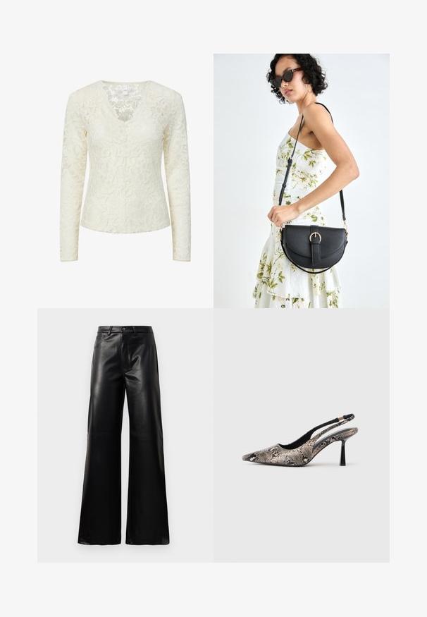 Cream-colored long sleeve lace blouse with floral pattern and scalloped V-neckline.; Black high-waist wide-leg faux leather pants with front button, zip closure, belt loops, and side pockets on white background.; Pointed-toe slingback shoes made of textured snake print material, featuring a slender black heel and a cutout design on the sides.; Black leather handbag with a curved shape, detachable strap, and gold hardware. The bag features a flap with a buckle detail.