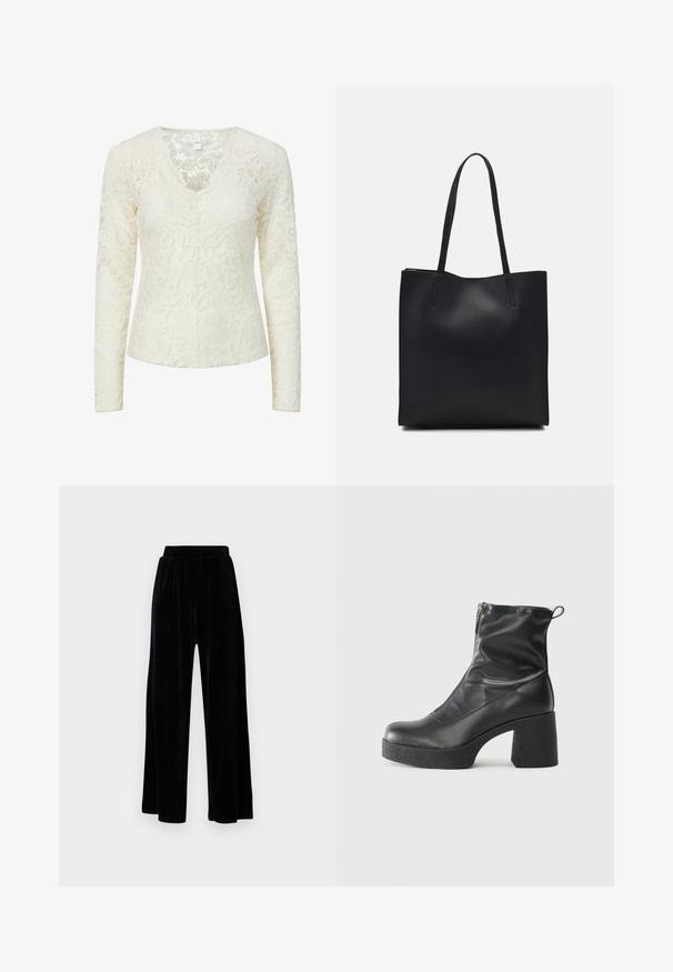 Cream-colored long sleeve lace blouse with floral pattern and scalloped V-neckline.; Black wide-leg trousers made of soft velvet, featuring an elastic waistband and a smooth texture, with no visible detailing or patterns.; Black ankle boots made of smooth leather, featuring a side zipper, chunky textured heel, and rounded toe design.; Black leather tote bag with smooth texture, rectangular shape, and two long handles. No visible hardware or embellishments.