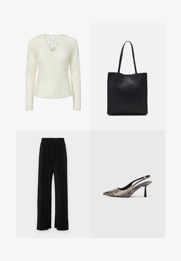 Cream-colored long sleeve lace blouse with floral pattern and scalloped V-neckline.; Black pleated trousers with an elastic waistband. Features wide legs and a smooth, textured fabric with vertical stripes.; Pointed-toe slingback shoes made of textured snake print material, featuring a slender black heel and a cutout design on the sides.; Black leather tote bag with smooth texture, rectangular shape, and two long handles. No visible hardware or embellishments.