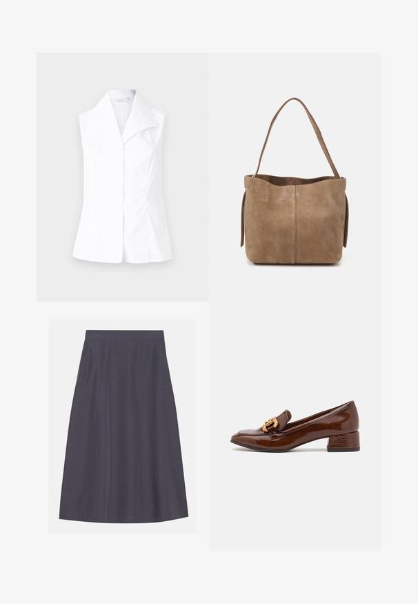 Witte mouwloze blouse met een spitse kraag, voorzien van een knoopsluiting aan de voorkant en een taillerende pasvorm die uitloopt bij de taille. Glad textuur van de stof.; Een A-lijn, donkergrijze rok van een gladde stof met zijzakken, voorzien van een schone tailleband en subtiele stikdetails.; Bruine leren loafers met een glanzende afwerking, met een decoratieve gouden gesp aan de voorkant en een lage blokhak. Klassiek ontwerp.; Bruine suède schoudertas met een zachte textuur, open top en een enkele schouderband. Heeft een gladde afwerking en minimale detaillering.