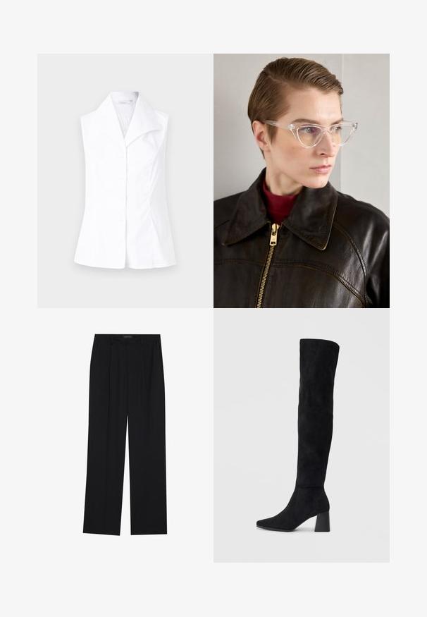 Balta bez piedurknēm blouse ar norādītu apkakli, piedāvājot pogu aizdari priekšpusē un pieguļošu siluetu, kas paplašinās vidukļa daļā. Gluda auduma tekstūra.; Melni bikses ar taisnu kāju dizainu, kurām ir divi priekšējie kabatas un jostasvieta. Izgatavotas no gludas, vieglas auduma.; Melna zamšāda līdz ceļiem, ar blokveida papēdi, norādītu purngalu un gludu, bezšuvju dizainu uz vienkārša gaiša fona.; Caurspīdīgas acetāta kaķa acs brillēs ar dzeltenām lēcām, ko valkā persona tumšā ādas jakā un sarkanā augstajā apkaklē. Gluda tekstūra.