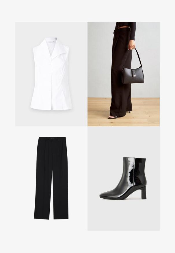Biela bezrukávová blúzka s špicatým golierom, s predným zapínaním na gombíky a upraveným strihom, ktorý sa na páse rozširuje. Hladká textúra látky.; Čierne nohavice so strihom rovného nohu, s dvoma prednými vreckami a pásom. Vyrobené z hladkej, ľahkej textílie.; Čierne lakované členkové topánky s špicatou špičkou a stredne vysokým blokovým podpätkom. Hladká textúra a minimalistický dizajn.; Čierna kabelka so štruktúrovaným tvarom, hladkou textúrou a kovovou sponou. V kombinácii so širokými čiernymi nohavicami a sandálmi s otvorenou špičkou na drevenej podlahe.