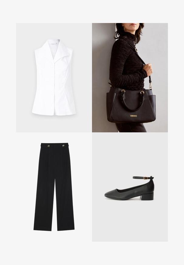 White sleeveless blouse with a pointed collar, featuring a button-down front and a tailored fit that flares at the waist. Smooth fabric texture.; Black wide-leg trousers with high waist, button details on waistband, and front pleats.; Black leather pump with a pointed toe and a low block heel. Features an ankle strap with a gold-tone buckle. Smooth texture.; Black handbag with textured surface, dual top handles, and adjustable shoulder strap. Features gold-tone hardware and side pockets.