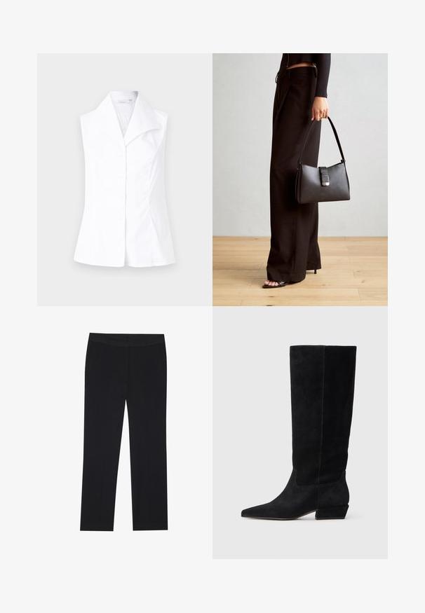 White sleeveless blouse with a pointed collar, featuring a button-down front and a tailored fit that flares at the waist. Smooth fabric texture.; Black trousers with a straight leg design, featuring side pockets and a smooth fabric texture. Minimal detailing, clean waistband.; Black suede knee-high boots with a pointed toe, low block heel, and seamless sides. Clean design with no visible hardware or accents.; Black handbag with structured shape, smooth texture, and a metallic clasp. Paired with wide black pants and open-toe sandals on wooden floor.; Gold-tone metal earring with a sleek, curved design. Features a distinctive pointed shape, polished surface, and hinge closure.