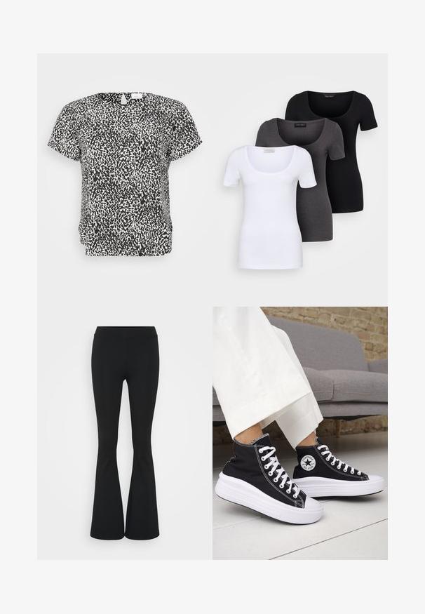 T-skjorte med kort erm i svart og hvitt geometrisk mønster, med avslappet passform og rund hals, laget av lett stoff.; Tre figurerte T-skjorter i hvit, grå og svart. Hver har en bred scoop-nakke og korte ermer. Laget av glatt, elastisk stoff.; Svarte flared bukser laget av elastisk stoff, med høy midje og en glatt tekstur. Buksene vidder ut fra kneet.; Svarte høye sneakers med hvite gummisåler og lisser. Har et rundt logo-merke og kontrasterende hvite sømmer. Laget av lerret.