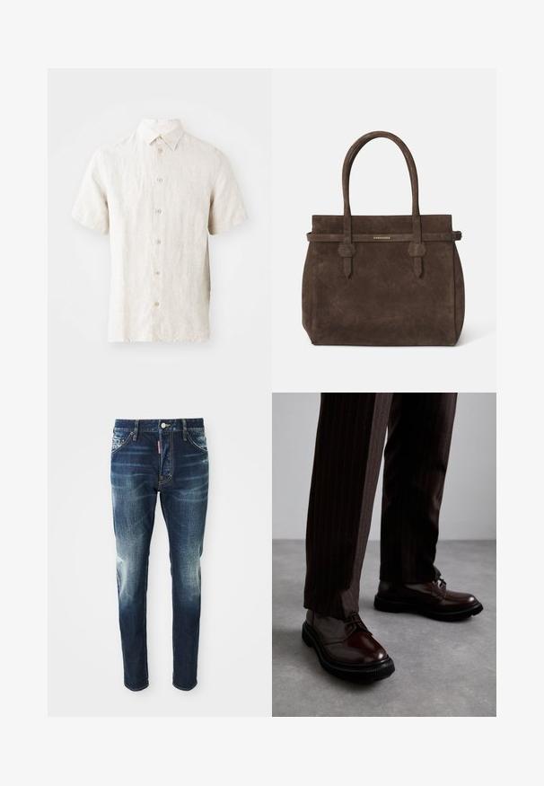 Camicia in lino a maniche corte di un leggero beige. Presenta un collo standard, chiusura con bottoni e una texture sottile. Design pulito senza motivi.; Canottiera bianca in cotone senza maniche con scollatura rotonda, caratterizzata da una texture liscia e una vestibilità aderente, progettata per l'abbigliamento casual.; Jeans in denim blu scuro con una vestibilità slim, con zone sbiadite sulle cosce e sulle ginocchia, cinque tasche e chiusura con bottone metallico.; Scarpe stringate in pelle marrone con finitura lucida, suola in gomma nera e cuciture sottili. Indossate con pantaloni marroni a righe.; Borsa a spalla in suede marrone scuro con doppi manici e una tracolla orizzontale, dotata di una piccola placca con il logo DSQUARED2 in oro.