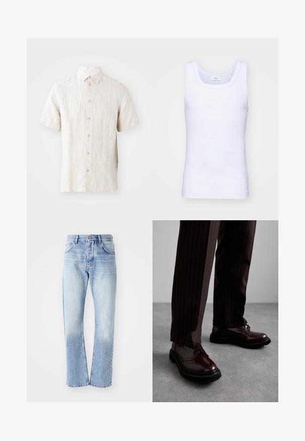 Chemise en lin à manches courtes de couleur beige clair. Dotée d'un col classique, d'une fermeture à boutons et d'une texture subtile. Design épuré sans motifs.; Débardeur sans manches en coton blanc avec un col rond, présentant une texture lisse et une coupe ajustée, conçu pour un usage décontracté.; Jean en denim bleu clair avec une coupe droite. Présente un design à cinq poches, un zip, et une texture décolorée vers le bas.; Chaussures en cuir marron à lacets avec une finition brillante, semelle en caoutchouc noire et coutures discrètes. Portées avec un pantalon marron à rayures.