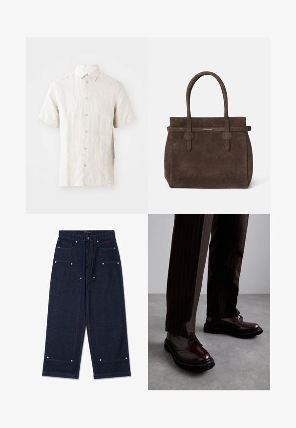 Kurzärmliges Leinenhemd in hellem Beige. Verfügt über einen klassischen Kragen, eine Knopfleiste und eine dezente Textur. Sauberes Design ohne Muster.; Weißes Baumwoll-Top ohne Ärmel mit rundem Ausschnitt, ausgestattet mit einer glatten Textur und einer figurbetonten Form, ideal für die Freizeit.; Dunkelblaue weit geschnittene Jeanshose mit zwei vorderen Taschen, silbernen Hardware-Details und kontrastierendem roten Nähten. Sie verfügt über einen Knopfverschluss und ein Markenlogo.; Braune Leder Schnürschuhe mit glänzender Oberfläche, schwarzer Gummisohle und dezenten Nähten. Getragen mit braunen Angabenhosen mit Nadelstreifen.; Dunkelbraune Wildledertasche mit doppelten Griffen und einem horizontalen Riemen, der mit einem kleinen goldenen DSQUARED2-Logo-Plakette versehen ist.