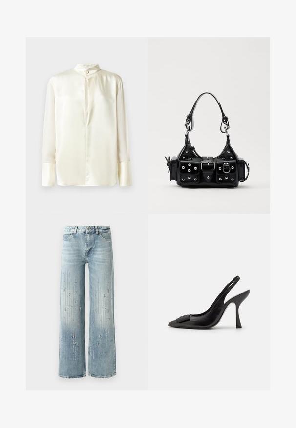 Biela hodvábna blúzka s dlhými rukávmi, stojacím golierom a predným zapínaním na gombíky. Hladká textura a minimalistický dizajn bez vzorov.; Svetlomodré nohavice s širokými nohavicami vyrobené z denimu, so stupňovitým farebným efektom a ozdobami zo strieborných kryštálikov usporiadaných vo vertikálnom vzore.; Čierne kožené šľapky so špicatou špičkou, úzkym vysokým opätkom a dekoratívnou mašľou. Hladká textura a elegantný dizajn.; Čierna kožená kabelka s zakriveným dizajnom, doplnená striebornými cvočkami, prackou a dvoma bočnými vreckami. Nastaviteľný popruh poskytuje rôzne možnosti nosenia.