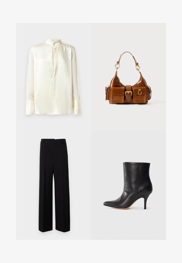 Blusa di seta bianca con maniche lunghe, colletto alto e chiusura frontale con bottoni. Tessuto liscio e design minimalista senza motivi.; Pantaloni neri a gamba larga con frontale piatto, chiusura a bottone e trama di tessuto liscia. Presentano un taglio dritto e linee nette.; Stivale alla caviglia in pelle nera con punta affilata, sottile tacco a stiletto e superficie liscia. Design minimalista senza hardware o accenti visibili.; Borsa a tracolla in pelle marrone con forma curvata, hardware in tonalità oro duale, due tasche frontali e una cinghia larga. Texture liscia con una finitura elegante.
