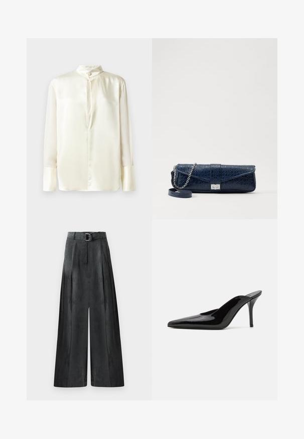 White silk blouse with long sleeves, stand collar, and a front button closure. Smooth texture and minimalist design without patterns.; Wide-leg trousers in dark gray, featuring a smooth texture, pleats, and a belt with a silver buckle at the high waist.; Black patent leather high-heeled mule with a pointed toe and a sleek silhouette, featuring an open back and a slender stiletto heel.; Navy blue leather clutch with a crocodile texture, silver chain strap, and metallic clasp. Rectangular shape with foldover design.