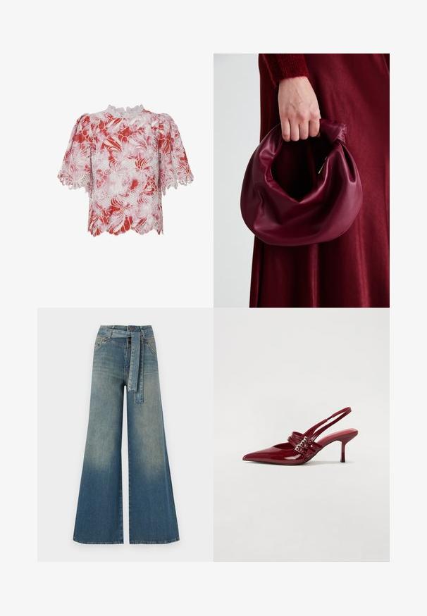 Punase ja valge lühikeste varrukatega pluus, millel on lilleline pitsimuster, sakilised äärised ning kõrge kaelus, millel on keerukad ääristused ja lõikeavad.; Laiad denimpüksid, millel on hele tume sinine gradiendiefekt, kõrge vöökoht, vöökumlid ja sobivast kangast vöö. Struktureeritud denimi viimistlus.; Punased lakknahast slingback kontsad, millel on terav varvas, kaks luku rihma ja saledat, keskmise kõrgusega stiletto kontsad. Sile tekstuur.; Burgundia värvi nahk käekott, millel on pehme, kokku tõmmatav disain ja ümar kuju. Käepide on kindlalt kinnitatud, näidates siledaid pindu.