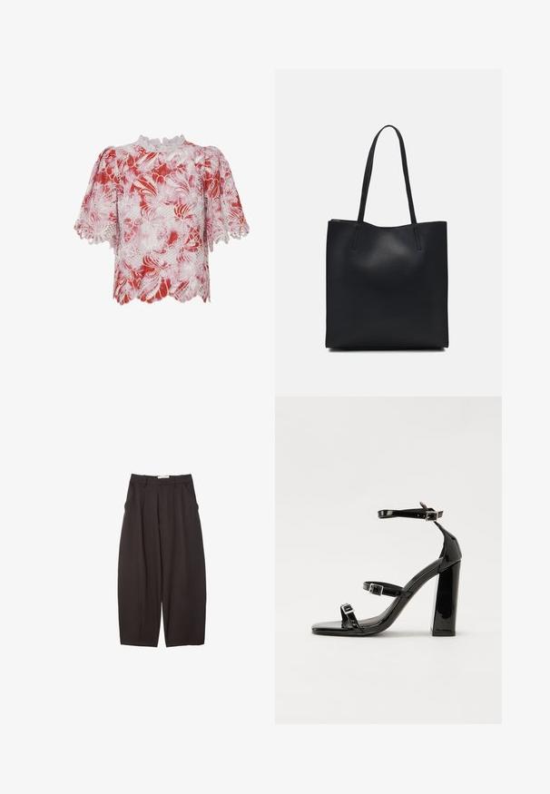 Červeno-bílá blůza s krátkým rukávem, zdobená květinovými krajkovými vzory, vlnitými okraji a vysokým límcem s precizním lemem a výřezovými detaily.; Černé široké kalhoty vyrobené z hladkého materiálu, s vysokým pasem, předními sklady a bočními kapsami. Jednoduchý design bez ozdob.; Černé lakované sandály na podpatku se čtveratou špičkou, lýtkovými pásky a stříbrnými přezkami. Disponují masivním blokovým podpatkem pro stabilitu.; Černá kožená taška přes rameno s hladkým povrchem, obdélníkovým tvarem a dvěma dlouhými uchy. Žádné viditelné kování ani ozdoby.