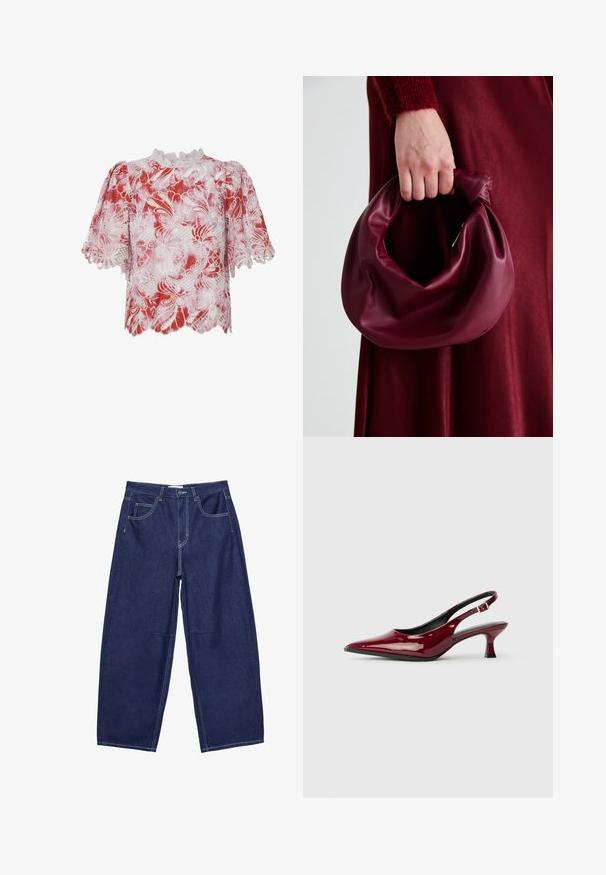 Blusa corta a maniche corte rossa e bianca con motivi in pizzo floreale, bordi ondulati e un colletto alto con dettagli intricati e ritagli.; Pantaloni a gamba larga in denim blu scuro con vita alta, cinque tasche e cuciture bianche a contrasto. Texture liscia, design classico.; Décolleté in pelle verniciata bordeaux con punta affusolata e tacco a spillo elegante. Design aperto sul retro con dettaglio della fascia alla caviglia regolabile.; Borsa in pelle bordeaux con un design morbido e arricciato e una forma arrotondata. Il manico è fissato, mostrando una texture liscia.