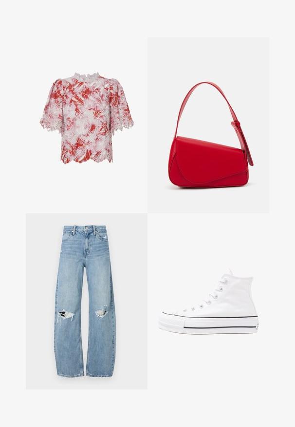 Czerwona i biała bluzka z krótkim rękawem, ozdobiona koronkowymi wzorami kwiatowymi, falbaniastymi brzegami oraz wysokim kołnierzem z misternym wykończeniem i wycięciami.; Jasnoniebieskie, wysokiej talii dżinsy wykonane z denimu. Posiadają szerokie nogawki, dwa podarte miejsca na kolanach oraz klasyczne pięć kieszeni.; Białe wysokie trampki z płótna z czarną gumową podeszwą, przednim czubkiem z gumy i sześcioma dziurkami na sznurowadła, charakteryzujące się prostym, minimalistycznym designem.; Czerwona skórzana torebka o kanciastym, geometrycznym designie. Posiada jedną regulowaną rączkę oraz zapięcie na klapę z przeszyciami.