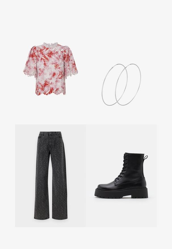 Czerwona i biała bluzka z krótkim rękawem, ozdobiona koronkowymi wzorami kwiatowymi, falbaniastymi brzegami oraz wysokim kołnierzem z misternym wykończeniem i wycięciami.; Noisy May NMJANNEL czarny denim; Czarne skórzane botki za kostkę z okrągłym noskiem, sznurówką z przodu i grubą gumową podeszwą z teksturowanym bieżnikiem. Pętelka do zakładania z tyłu.; Srebrne kolczyki w formie obręczy o minimalistycznym designie. Okrągły kształt, gładka faktura i cienki profil. Lekkie, z polerowanym wykończeniem.