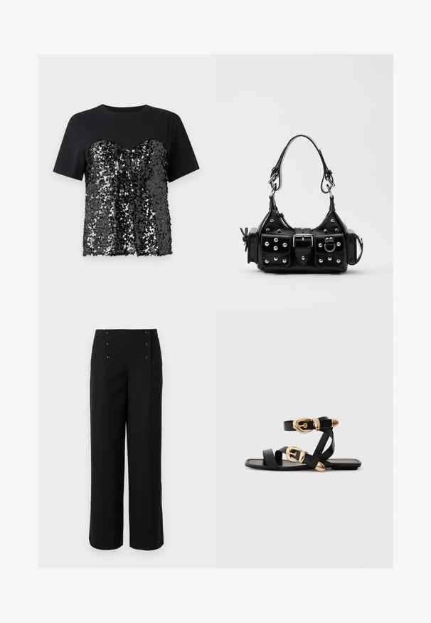 Black t-shirt featuring a sequin-embellished bodice with a heart shape. The upper portion is smooth, contrasting with the textured lower half.; Black wide-leg trousers made of smooth fabric, featuring a high waist and five front buttons for closure. Elegant, tailored design.; Black leather sandals with gold buckle accents, featuring multiple straps and a flat sole design for open-toe wear.; Black leather handbag with a curved design, featuring silver studs, a buckle, and two side pockets. Adjustable strap for carrying options.