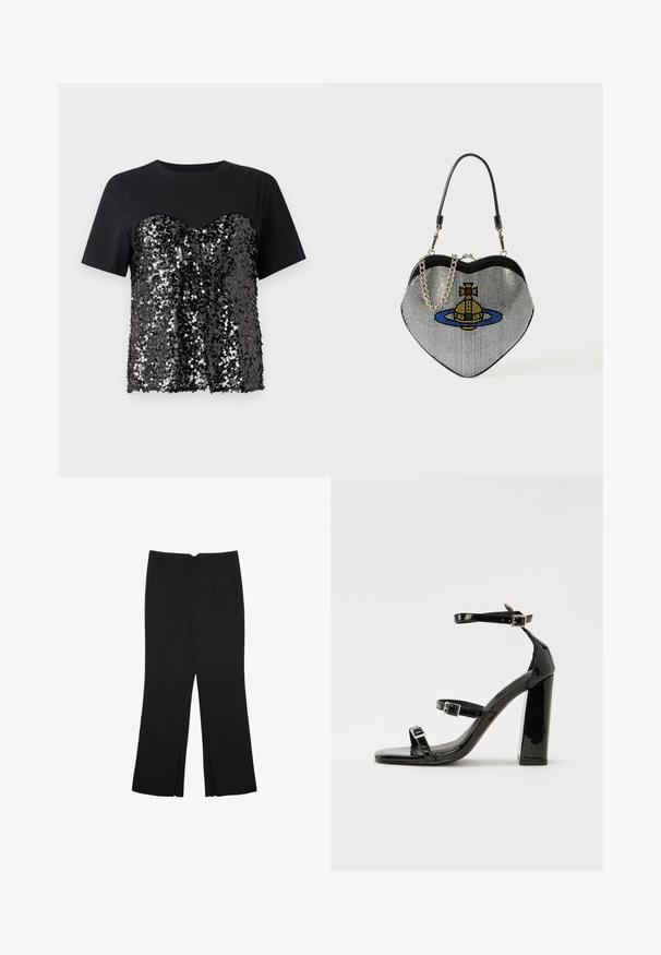 Črna majica s kratkimi rokavi, ki ima spodnji del okrašen s sequini in obliko srca. Zgornji del je gladek, kar kontrastira z teksturiranim spodnjim delom.; Črne hlače ravnega kroja z naglavnimi žepi in stranskimi razporki na robu. Narejene iz mehke, gladke tkanine. Primerne za različne priložnosti.; Črne lakirane sandale s peto, kvadratnim prstom, trakovi okrog gležnja in srebrnimi zaponkami. Opremljene so s stabilno Debelo peto.; Torbica v obliki srca, narejena iz mrežastega materiala z metalnim zaključkom, z motivom mačka in planeta v modri, rumeni in rdeči barvi. Vključuje verižni ročaj.
