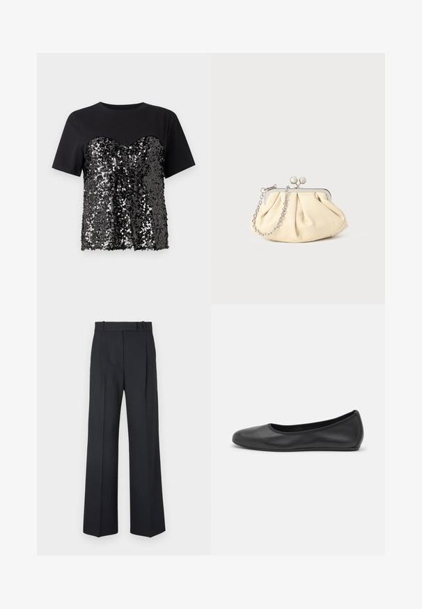 Juodas marškinėliai su sparkles dekoruotu korpusu širdies forma. Viršutinė dalis lygi, kontrastuojanti su tekstūrine apatine pusė.; Tamsiai mėlynos juostelės kelnės su aukštu liemeniu, plačiomis kojomis ir be matomų detalių ar puošmenų. Sklandus audinys ir pritaikytas siluetas.; Juodai odiniai baletai su apvaliu pirštu, lygi texture, minimalus siuvimo detales ir lanksčiu padų dizainu.; Plyšiniai smėlio spalvos odiniai rankinukai su sidabriniu metaliniu rėmu, turintys du apvalius dekoratyvinius užtrauktukus ir sidabrinę grandinėlę.