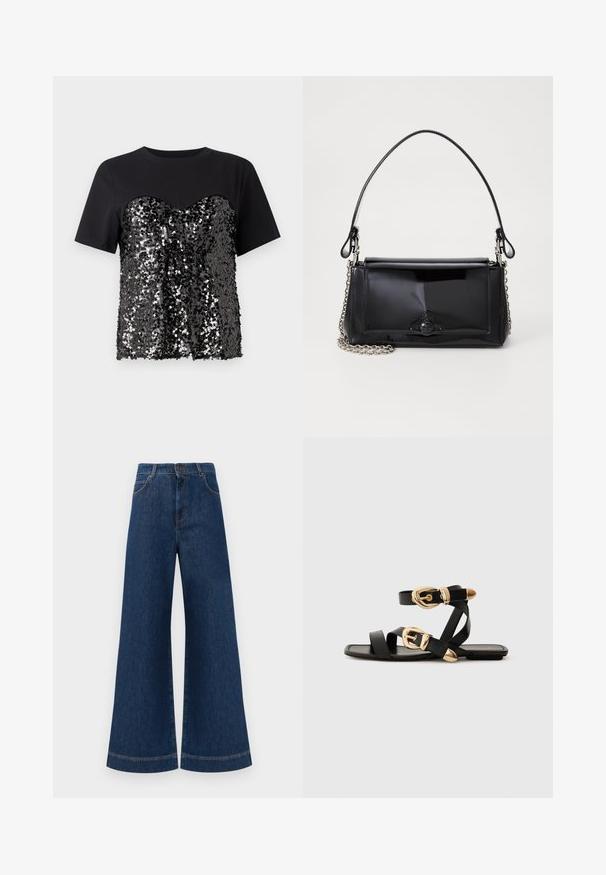 T-shirt preto com um corpete adornado com lantejoulas em forma de coração. A parte superior é lisa, contrastando com a metade inferior texturizada.; Jeans azul de perna larga com cintura alta, apresentando um fecho de botão, passantes para cinto e detalhes de costura discretos ao longo dos bolsos e das bainhas.; Sandálias de couro pretas com detalhes em fivela dourada, apresentando várias tiras e um design de sola plana para uso à vista.; Bolsa de mão em verniz preto com formato retangular, alça de corrente e um detalhe de hardware distinto no centro. Textura suave.
