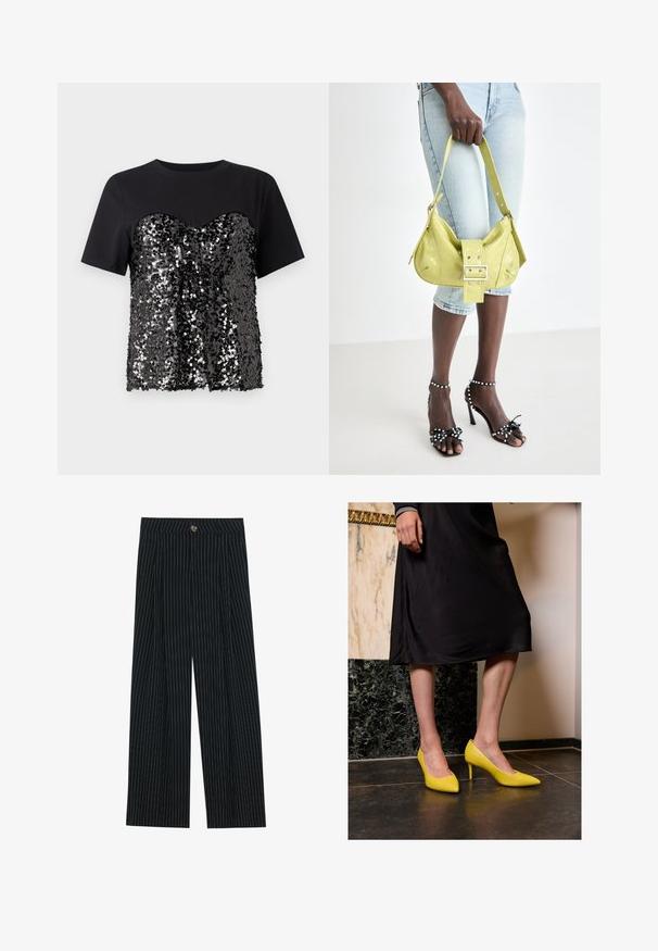 Svart T-skjorte med en paljettpyntet overdel i hjerteform. Den øvre delen er glatt, noe som står i kontrast til den teksturerte nedre halvdelen.; Sorte smalstripede vide bukser laget av teksturert stoff, med frontknappelukking og innsnitt for ekstra interesse.; Gule patentlær høye hæler med spiss tå og tynne stilettostiletter, plassert på et mørkt steingulv, mot en lys veggbakgrunn.; Gul perforert veske med spenne detaljer og justerbar stropp, kombinert med denimshorts og svarte hælhøyde sandaler med sløyfer.