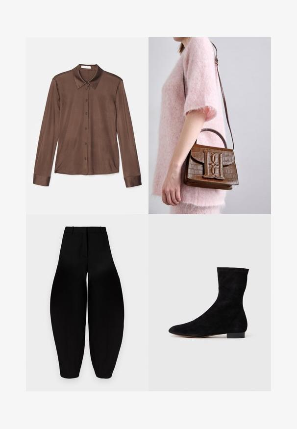 Camisa marrón de manga larga con cuello clásico, cierre de botones y tela suave con un ligero brillo. Las mangas también son marrones y están entalladas.; Pantalones negros de pierna ancha con cintura alta, frente plisado y tobillos estrechos. Fabricados en un tejido suave con acabado mate.; Botín de ante negro con caña ajustada, punta afilada y tacón bajo en bloque. Textura suave y diseño minimalista, adecuado para un estilo versátil.; Bolso de mano marrón con estampado de cocodrilo, que incluye un asa superior y una correa para el hombro. Presenta un logo prominente en la solapa frontal. Textura suave.